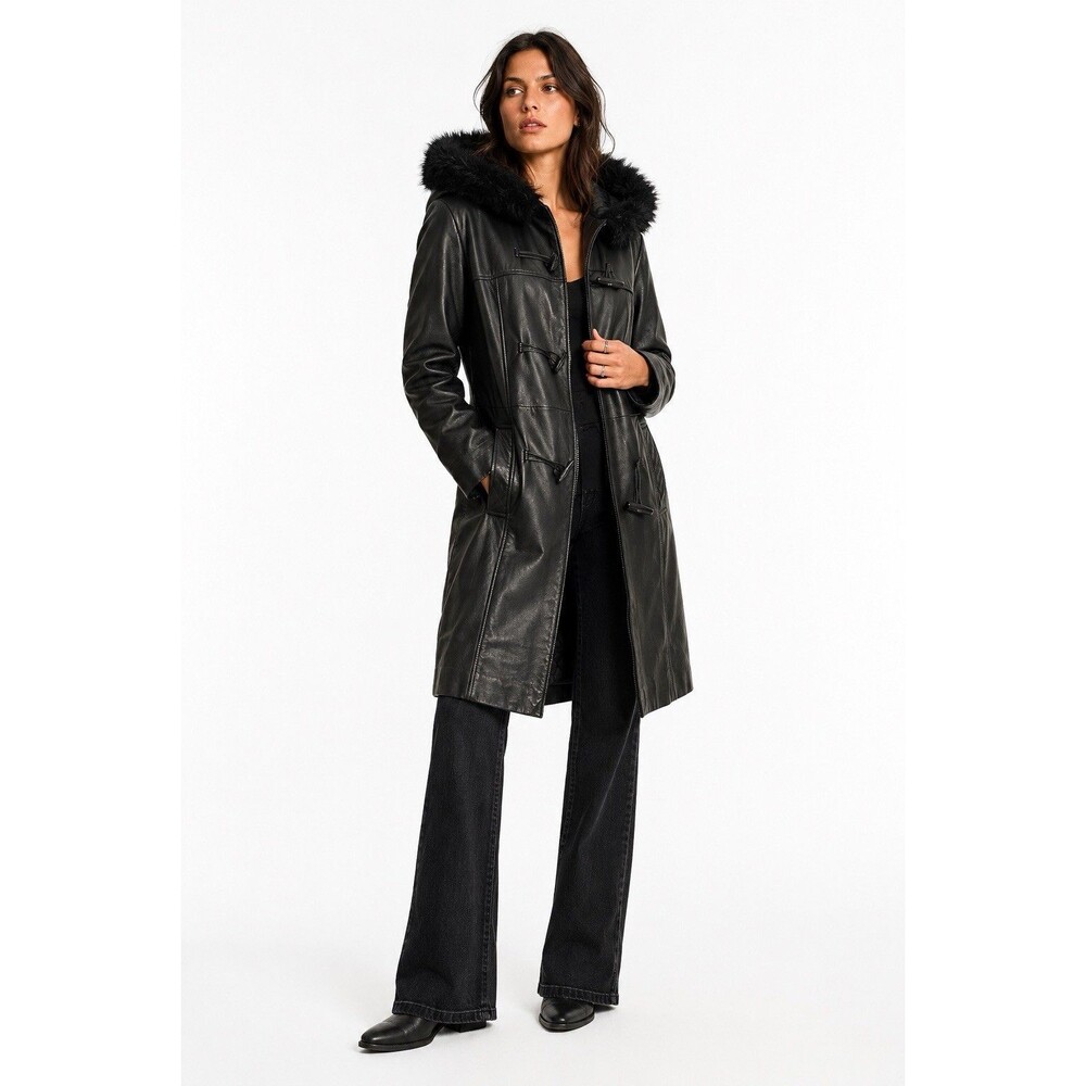 Vintage Wilsons Leather Maxima Black Leather Faux Fur Hood Toggle Coat M